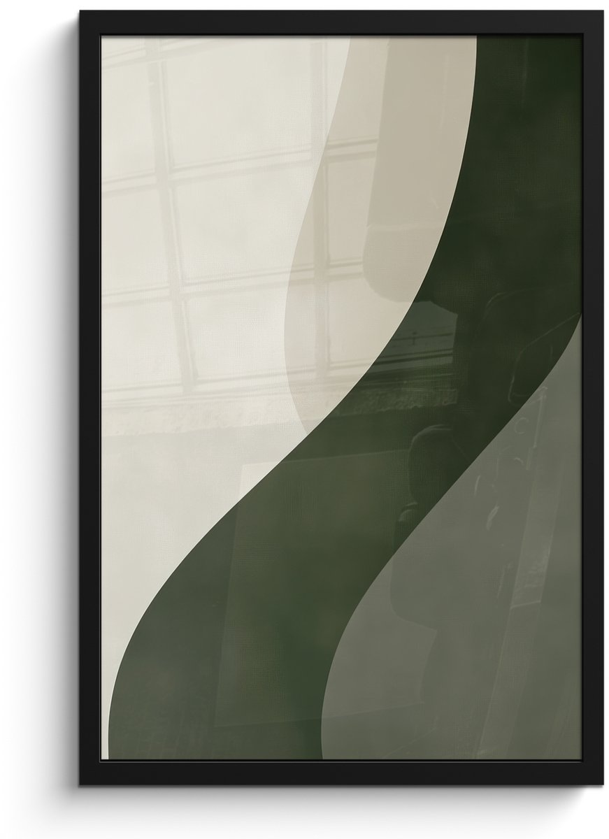 FrameYourWall Poster in lijst - Fotolijst 40x60 cm - Posters - Japandi - Groen - Abstract - Modern - Posterlijst zwart - Decoratie - Wanddecoratie woonkamer - Muurdecoratie slaapkamer Lijn