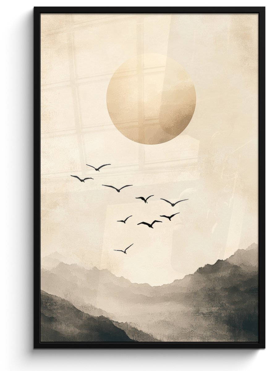 FrameYourWall Poster in lijst - Fotolijst 80x120 cm - Posters - Landschap - Japandi - vogel - Posterlijst zwart - Decoratie - Wanddecoratie woonkamer - Muurdecoratie slaapkamer