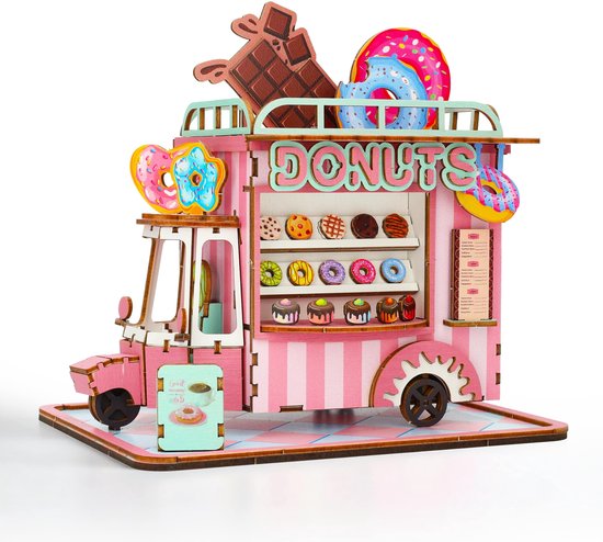 Crafts&Co Kit De Construction Miniature Boutique De Donuts - Puzzle 3D En Bois Pour Enfants - Bricolage Filles - Jouet DIY - Cadeaux Pour Filles - 120 Pièces - À Partir De 7 Ans - Rose