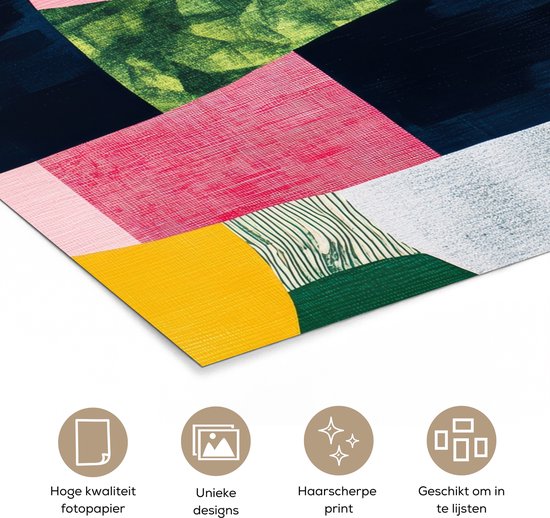 Poster 80x60 cm - Abstract - Roze - Lappen - Vormen - Geel - Posters - Kamer decoratie - Wanddecoratie woonkamer - Muurdecoratie slaapkamer