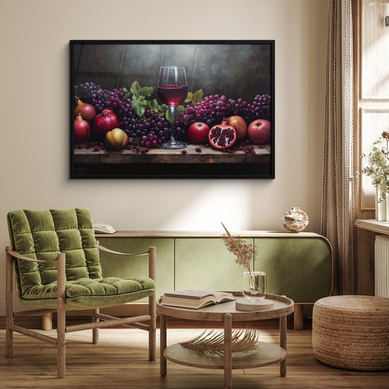 Affiche encadrée - Cadre photo 120x80 cm - Posters - Vin - Fruits - Nature morte - Poster cadre noir - Décoration - Décoration murale salon - Décoration murale chambre