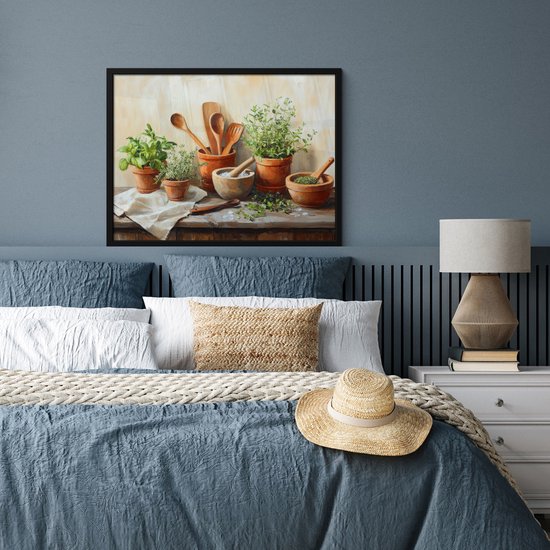 Poster in lijst - Fotolijst 80x60 cm - Posters - Potten - Kruiden - Hout - Posterlijst zwart - Decoratie - Wanddecoratie woonkamer - Muurdecoratie slaapkamer