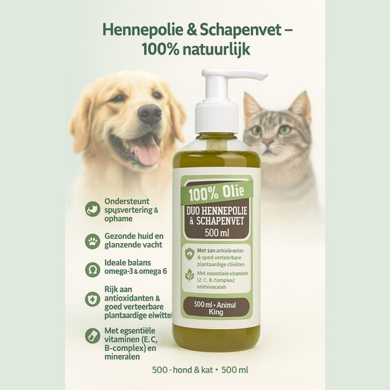Verbetert de Spijsvertering - Laat de Huid en Vacht Weer Glanzen voor de Hond en Kat - Vol Omega 3 en 6 - Vloeibaar Schapenvet Hennepzaadolie voor Honden - Animalking Hennepolie- Rijk aan Magnesium - Cadeau - Weerstand - 500 ML