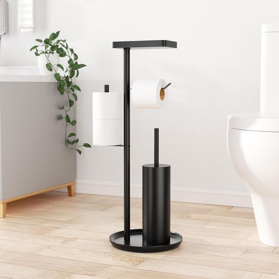Roestvrijstalen wc-rolhouder, staand met wc-borstel, AIQII staande wc-set met toiletpapierhouder en toiletborstel, standaard voor toiletpapier en