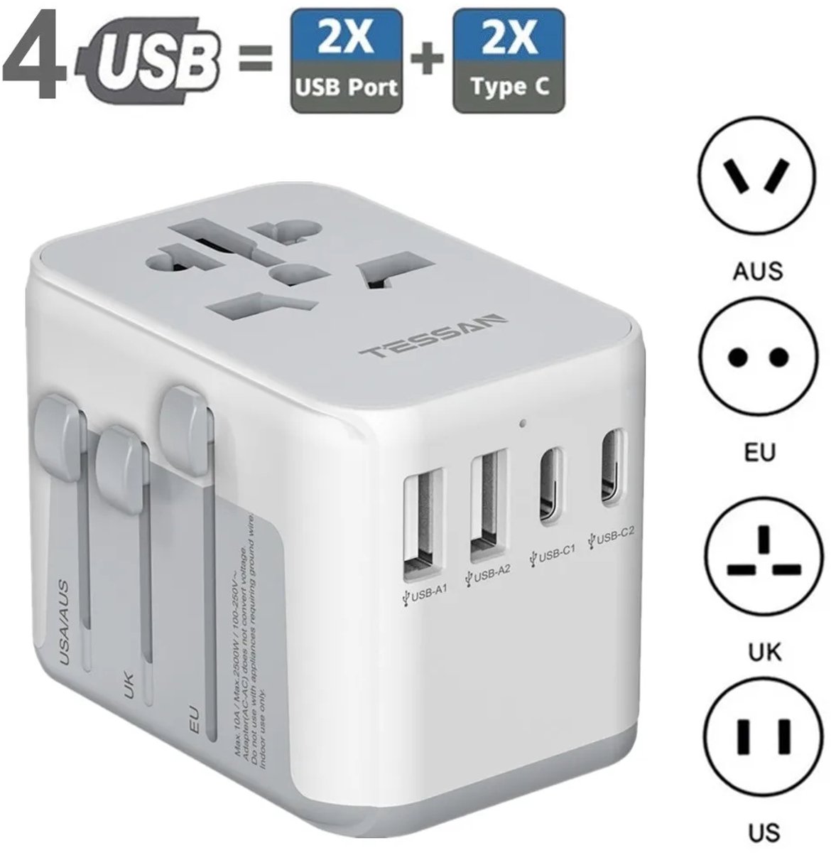 BolFlow® Wereldstekker - Reisstekker - Universele adapter - 150+ landen - 2x USB-A + 2x USB-C - Voor EU, UK, USA, AU - Wit