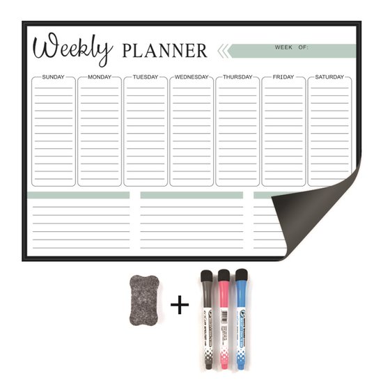 Agenda hebdomadaire magnétique - Aimant de réfrigérateur magnétique avec tableau de messages - 17 x 12 pouces - Grille fine - Calendrier magnétique pour réfrigérateur - Avec 3 marqueurs pour tableau blanc - 1 gomme - L'agenda parfait pour tous