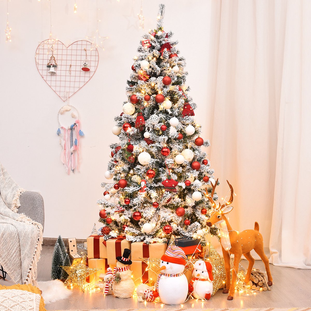COSTWAY 180 cm Kunstkerstboom met verlichting - Realistische Kunststof Kerstboom met sneeuw - Kerstmis Kerstboom - PVC 600 takken & 250 LEDs -wit en groen – foto 8