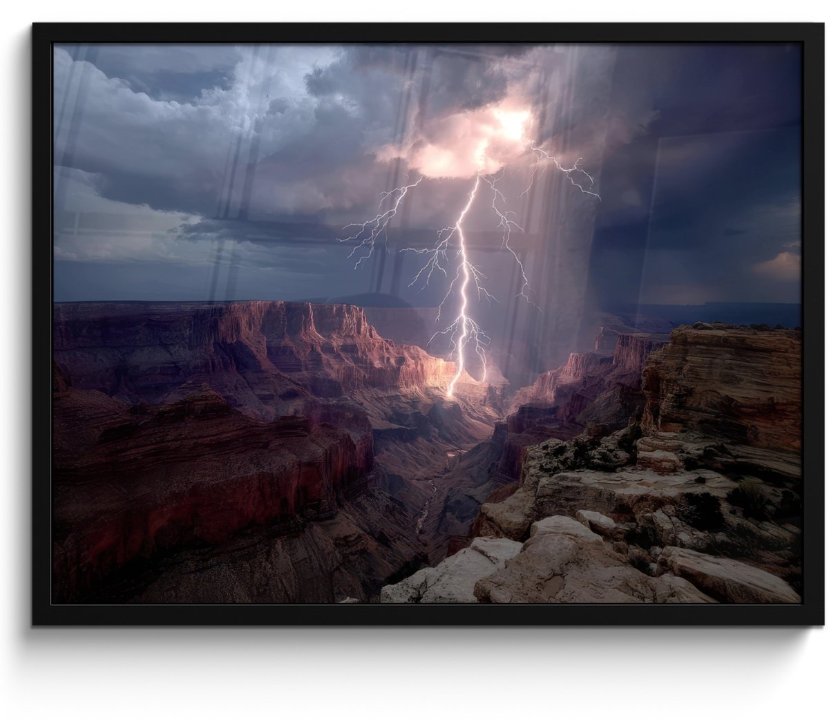 FrameYourWall Poster in lijst - Fotolijst 80x60 cm - Posters - Bliksem - Wolken - Canyon - Posterlijst zwart - Decoratie - Wanddecoratie woonkamer - Muurdecoratie slaapkamer Bliksem - Wolken - Rotsen