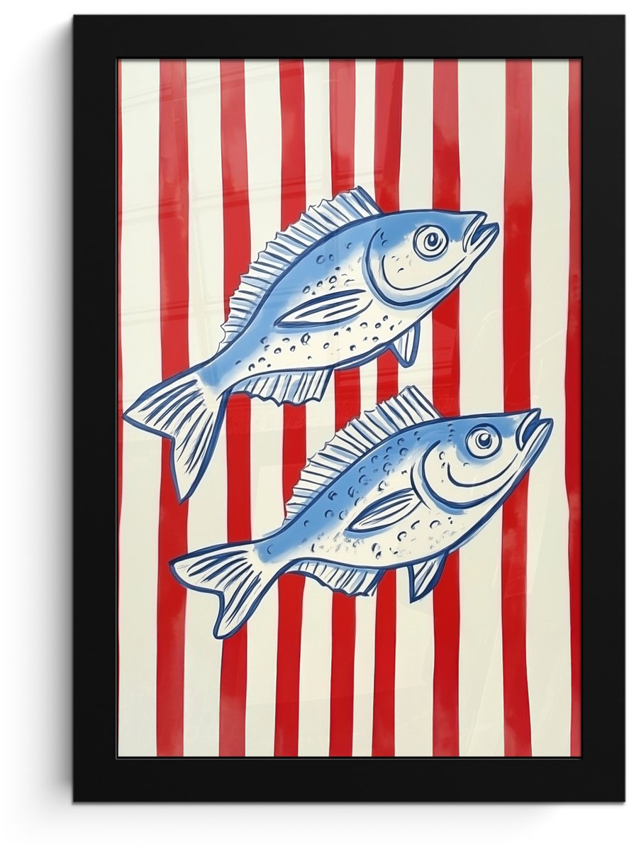 FrameYourWall Poster in lijst - Fotolijst 20x30 cm - Posters - Vissen - Verticale strepen - Blauw - Rood - Posterlijst zwart - Decoratie - Wanddecoratie woonkamer - Muurdecoratie slaapkamer Vissen - Strepen