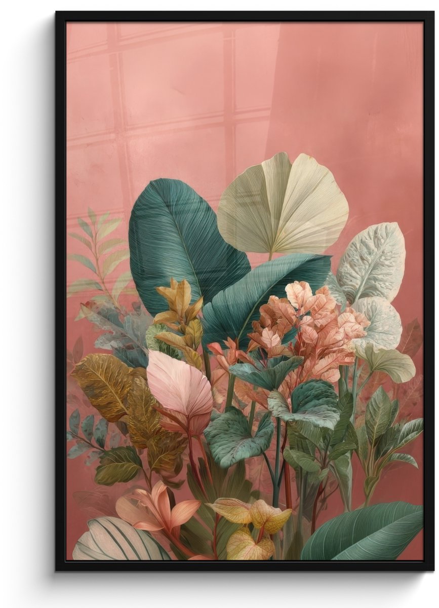 FrameYourWall Poster in lijst - Fotolijst 80x120 cm - Posters - Tropische bladeren - Bloemen - Roze - groen - Posterlijst zwart - Decoratie - Wanddecoratie woonkamer - Muurdecoratie slaapkamer Tropisch - Bladeren - Bloemen
