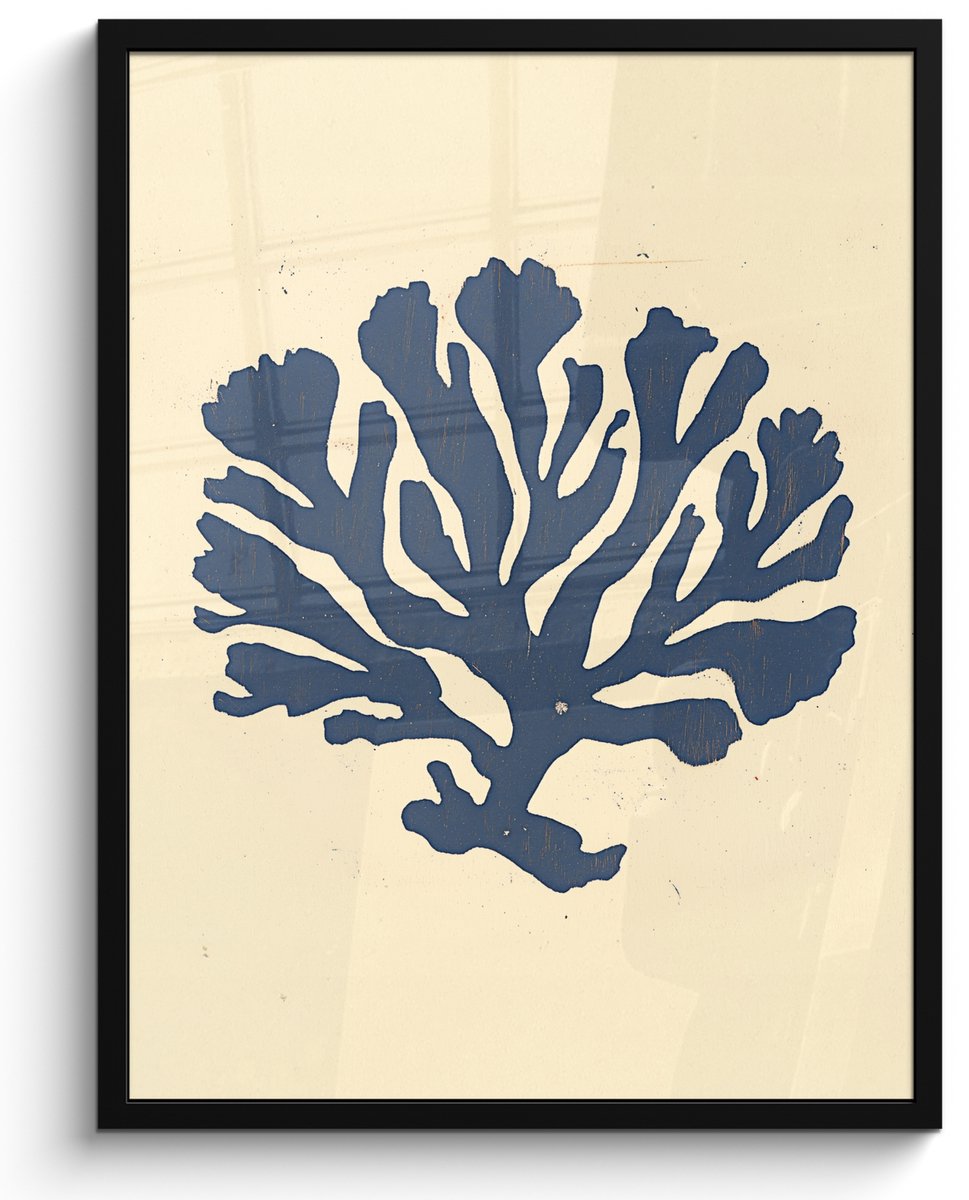 FrameYourWall Poster in lijst - Fotolijst 60x80 cm - Posters - Blauw koraal - Vertakkingen - Beige - Posterlijst zwart - Decoratie - Wanddecoratie woonkamer - Muurdecoratie slaapkamer