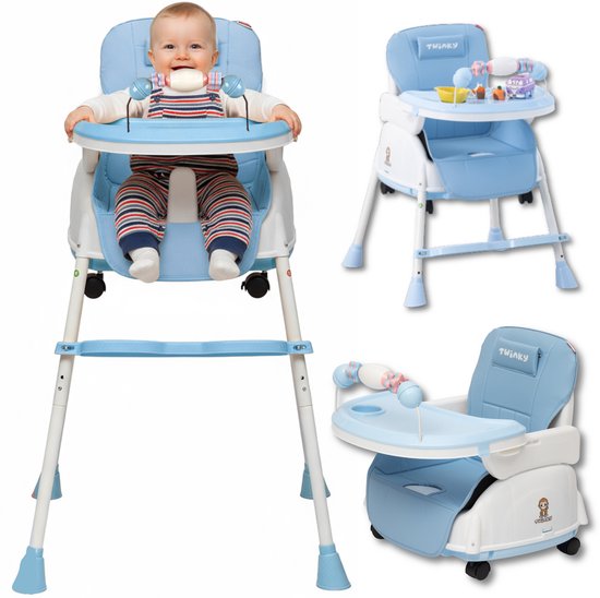 Twinky® Kinderstoel – 2-in-1 Kinderwagen Set – Blauw – Inklapbare Eetstoel & Baby Wagentje en Babystoel Voor Aan Tafel – Kinderzetel, Peuterstoeltje en Meegroeistoel in 1