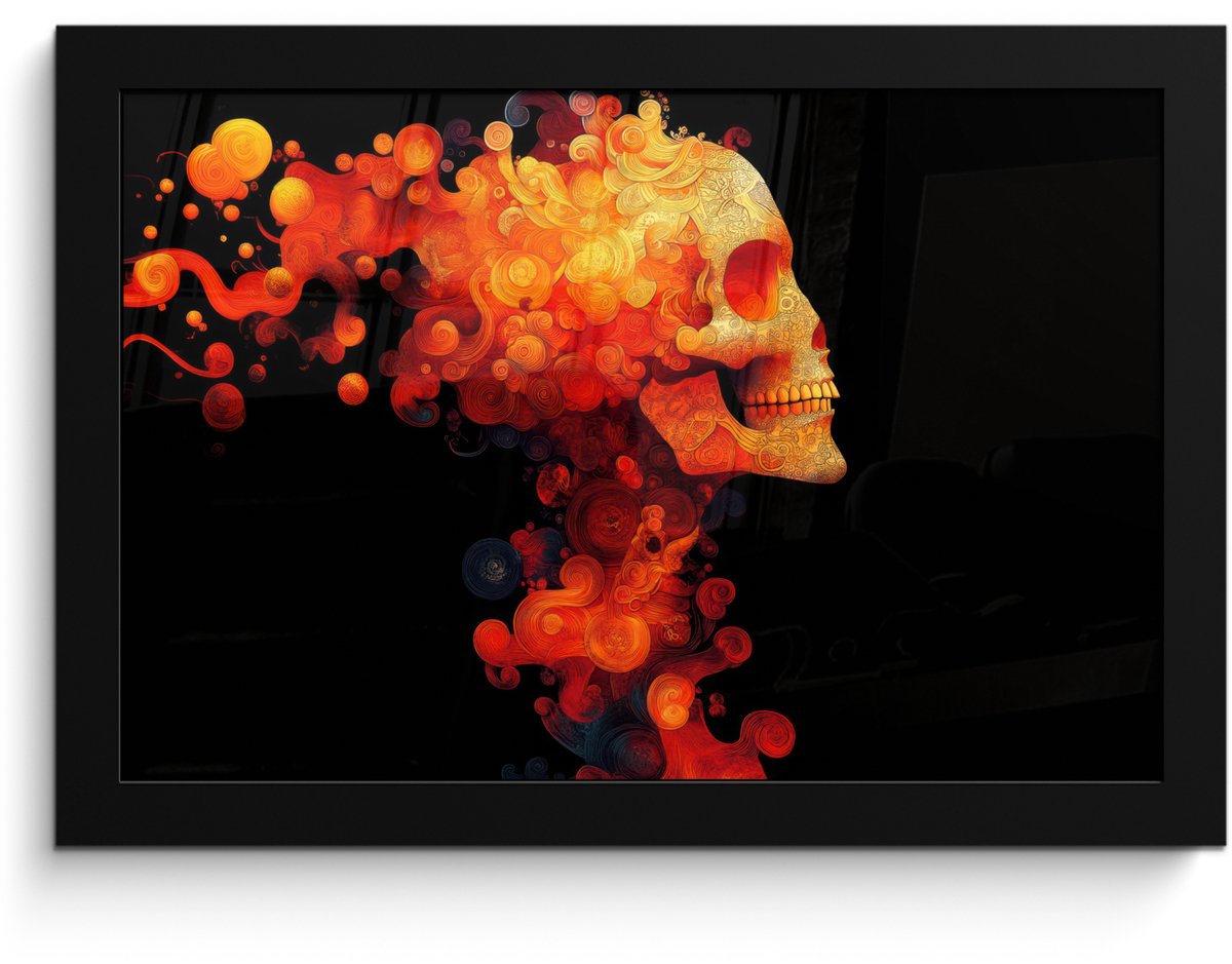 FrameYourWall Poster in lijst - Fotolijst 30x20 cm - Posters - Schedel - Oranje - Zijaanzicht - Vlammen - Posterlijst zwart - Decoratie - Wanddecoratie woonkamer - Muurdecoratie slaapkamer Schedel - Vlammen