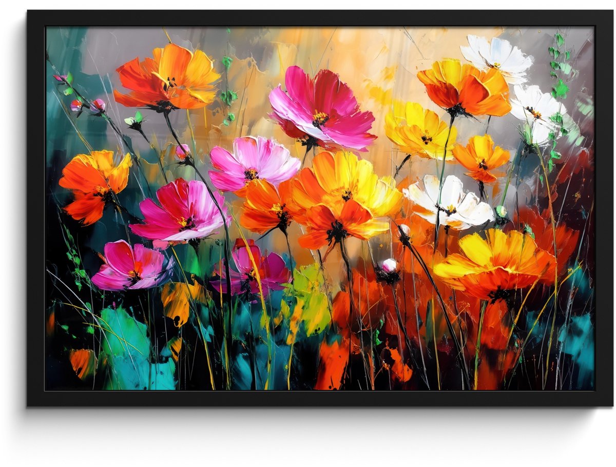 FrameYourWall Poster in lijst - Fotolijst 60x40 cm - Posters - Felgekleurd - Bloemblaadjes - Abstract - Posterlijst zwart - Decoratie - Wanddecoratie woonkamer - Muurdecoratie slaapkamer