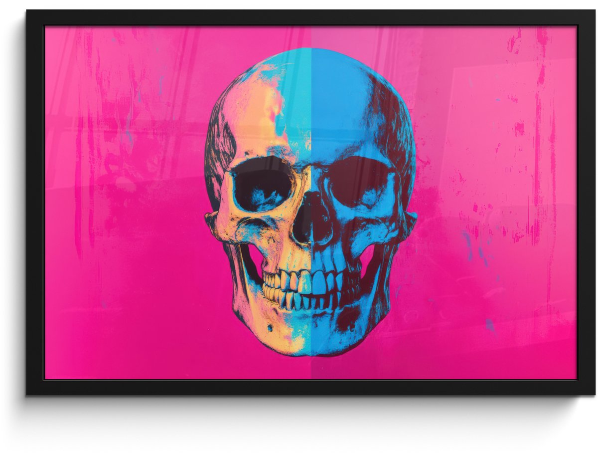 FrameYourWall Poster in lijst - Fotolijst 60x40 cm - Posters - Neon - Blauw - Pop-art - Schedel - Posterlijst zwart - Decoratie - Wanddecoratie woonkamer - Muurdecoratie slaapkamer Schedel - Neon