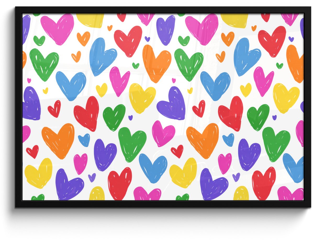 FrameYourWall Poster in lijst - Fotolijst 90x60 cm - Posters - Hartjes - Patroon - Kleurrijk - Tekening - Posterlijst zwart - Decoratie - Wanddecoratie woonkamer - Muurdecoratie slaapkamer Hartjes - Kleurrijk