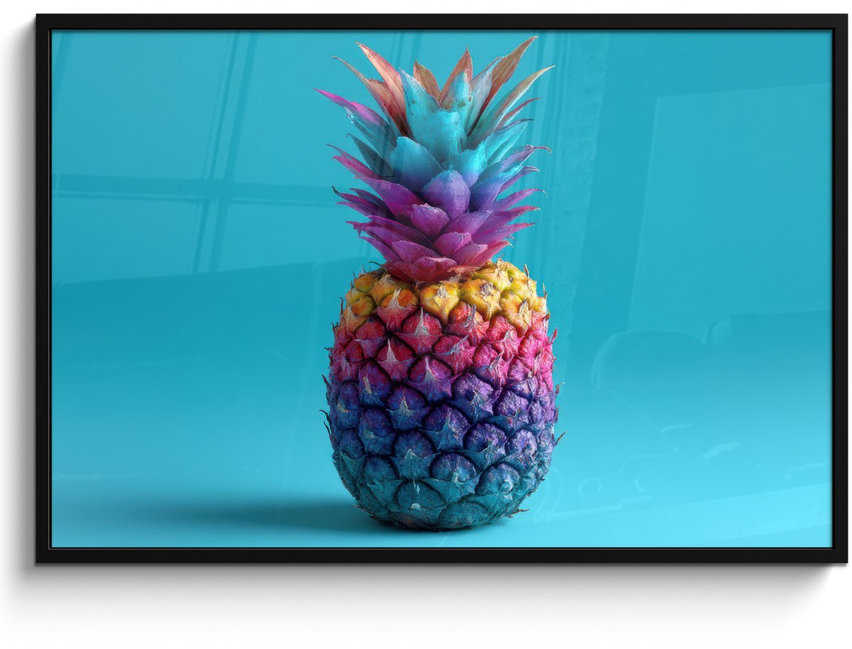 FrameYourWall Poster in lijst - Fotolijst 120x80 cm - Posters - Ananas - Regenboog - Blauw - Popart - Posterlijst zwart - Decoratie - Wanddecoratie woonkamer - Muurdecoratie slaapkamer