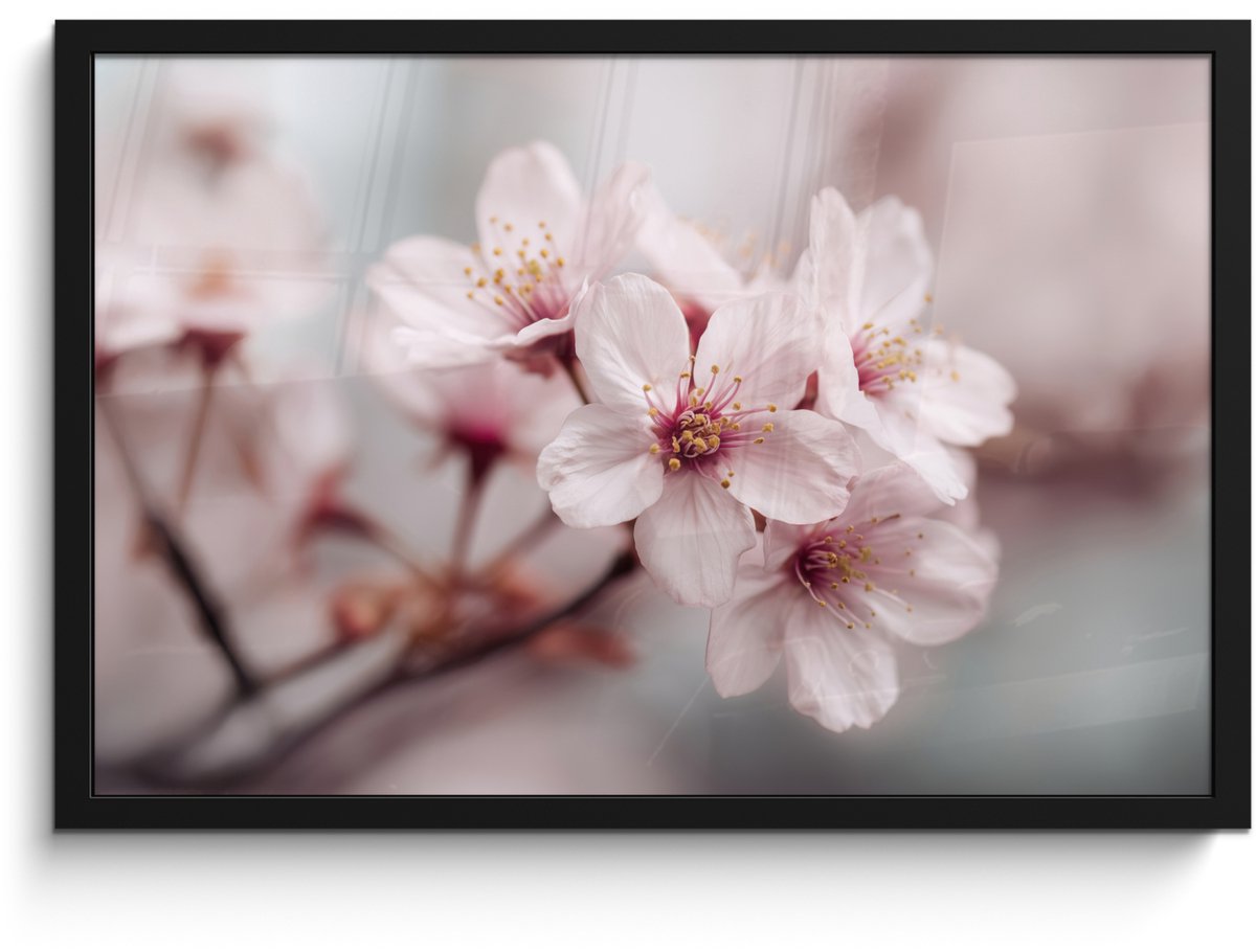 FrameYourWall Poster in lijst - Fotolijst 60x40 cm - Posters - Bloesems - Meeldraden - Geel - Wazig - Posterlijst zwart - Decoratie - Wanddecoratie woonkamer - Muurdecoratie slaapkamer