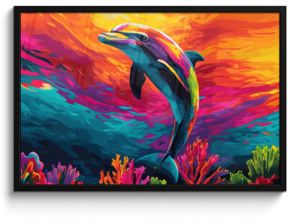 FrameYourWall Poster in lijst - Fotolijst 90x60 cm - Posters - Dolfijn - Kleurrijk - Oceaan - Koraal - Posterlijst zwart - Decoratie - Wanddecoratie woonkamer - Muurdecoratie slaapkamer