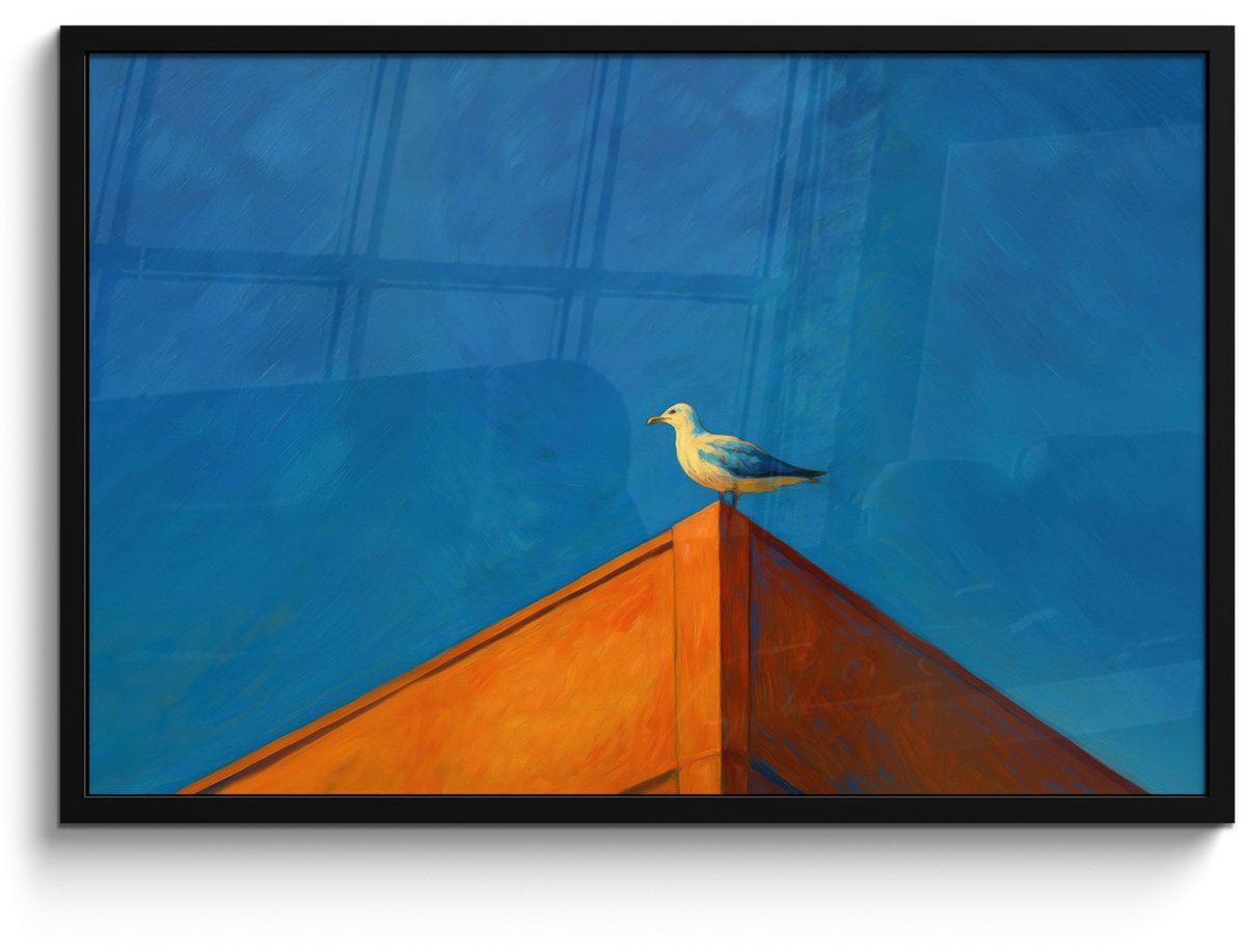 FrameYourWall Poster in lijst - Fotolijst 90x60 cm - Posters - Meeuw - Gebouw - Lucht - Geschilderd - Posterlijst zwart - Decoratie - Wanddecoratie woonkamer - Muurdecoratie slaapkamer