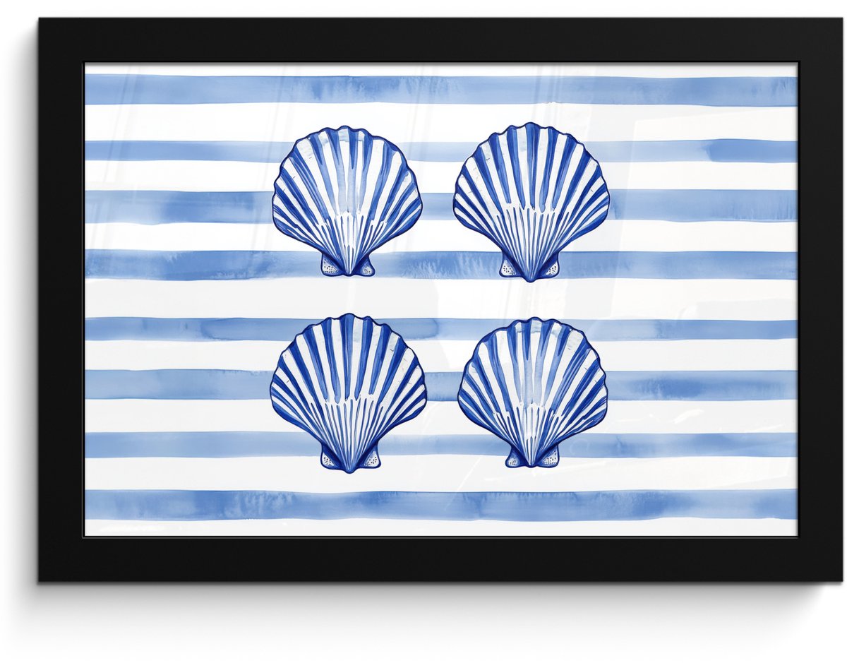FrameYourWall Poster in lijst - Fotolijst 30x20 cm - Posters - Vier schelpen - Blauw - Wit - Strepen - Posterlijst zwart - Decoratie - Wanddecoratie woonkamer - Muurdecoratie slaapkamer Schelpen - Strepen