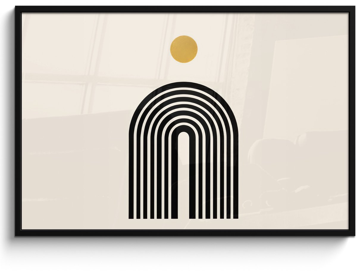 FrameYourWall Poster in lijst - Fotolijst 120x80 cm - Posters - Minimalistisch - Zwarte boog - Gouden cirkel - Posterlijst zwart - Decoratie - Wanddecoratie woonkamer - Muurdecoratie slaapkamer Boog - Cirkel