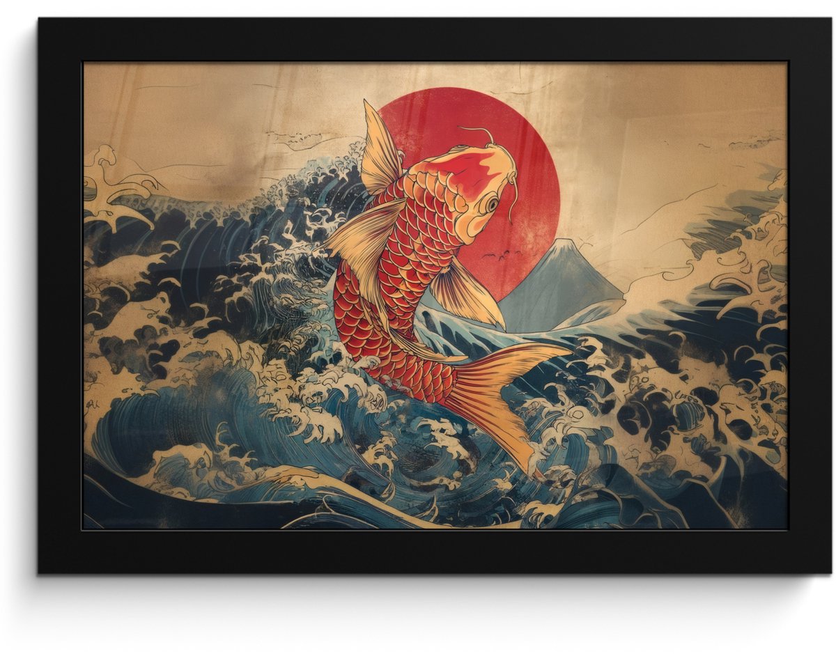 FrameYourWall Poster in lijst - Fotolijst 30x20 cm - Posters - Koi - Zee - Golven - Zon - Posterlijst zwart - Decoratie - Wanddecoratie woonkamer - Muurdecoratie slaapkamer