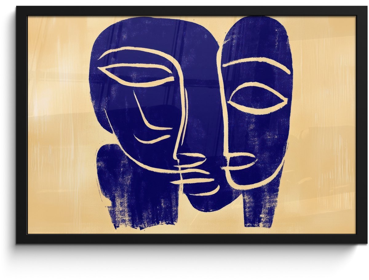 FrameYourWall Poster in lijst - Fotolijst 60x40 cm - Posters - Okergeel - Blauw - Eenvoudige lijnen - Posterlijst zwart - Decoratie - Wanddecoratie woonkamer - Muurdecoratie slaapkamer Lijnen - Gezichten
