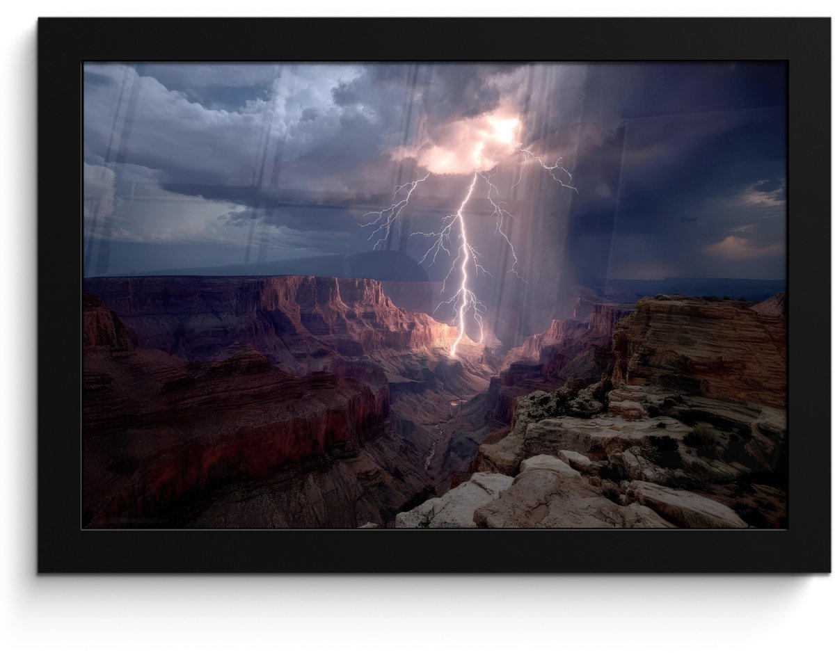 FrameYourWall Poster in lijst - Fotolijst 30x20 cm - Posters - Bliksem - Wolken - Canyon - Posterlijst zwart - Decoratie - Wanddecoratie woonkamer - Muurdecoratie slaapkamer Bliksem - Wolken - Rotsen