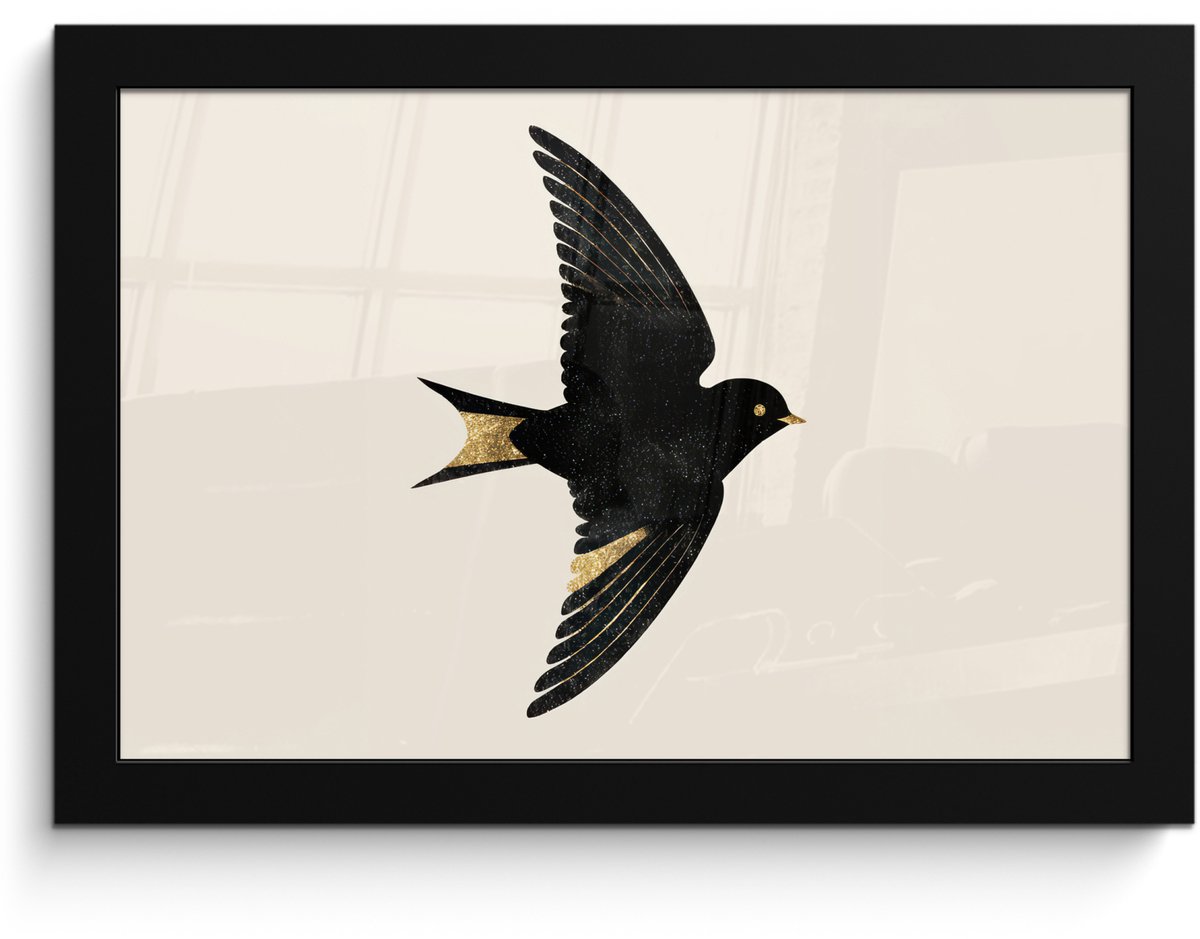 FrameYourWall Poster in lijst - Fotolijst 30x20 cm - Posters - Zwarte zwaluw - Gouden accenten - Lichte achtergrond - Posterlijst zwart - Decoratie - Wanddecoratie woonkamer - Muurdecoratie slaapkamer