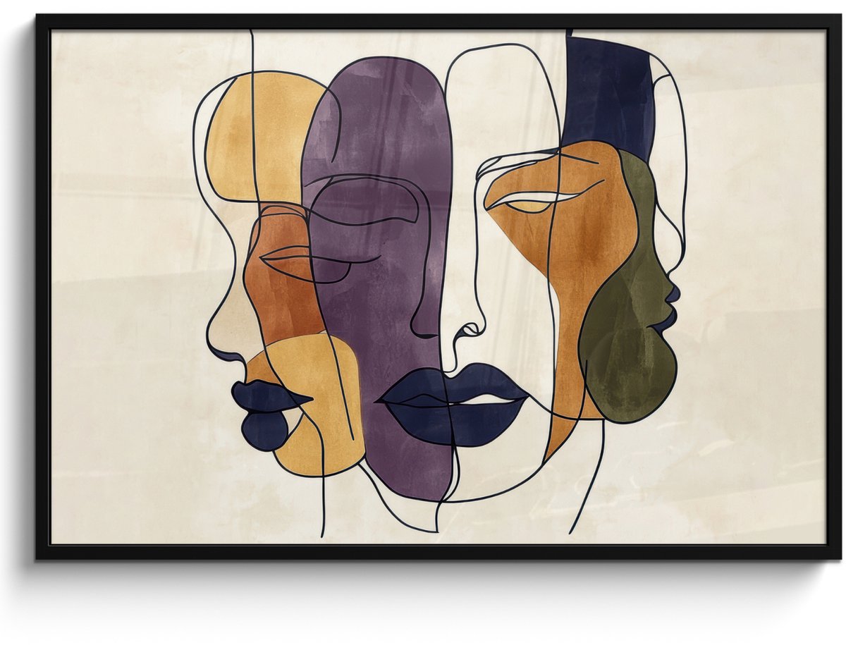 FrameYourWall Poster in lijst - Fotolijst 120x80 cm - Posters - Abstract - Overlappende gezichten - Paars - Donkergroen - Posterlijst zwart - Decoratie - Wanddecoratie woonkamer - Muurdecoratie slaapkamer Abstract - Gezichten