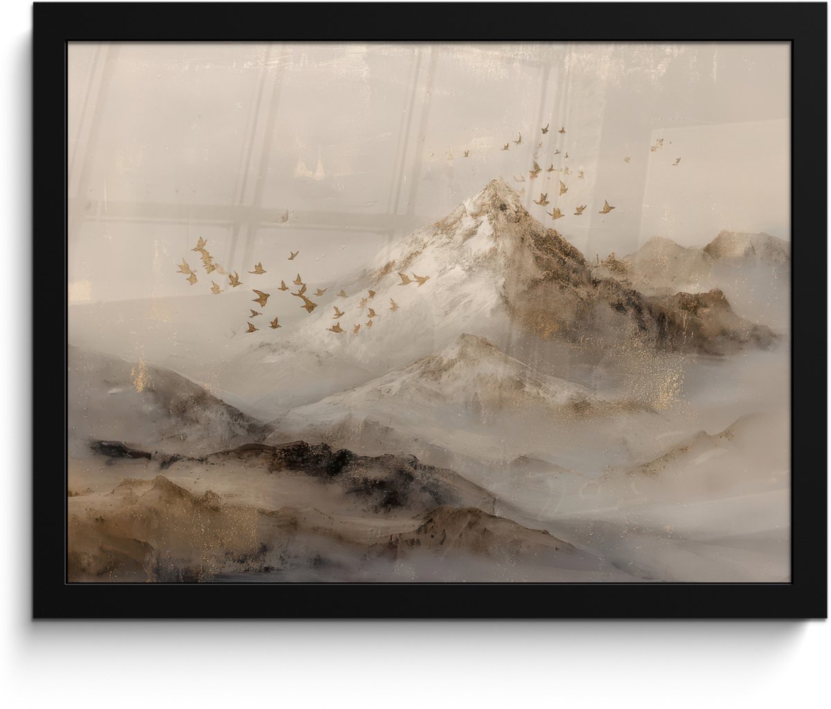 FrameYourWall Poster in lijst - Fotolijst 40x30 cm - Posters - Berglandschap - Mist - Penseelstreken - Posterlijst zwart - Decoratie - Wanddecoratie woonkamer - Muurdecoratie slaapkamer Berglandschap - Mist - Vogels