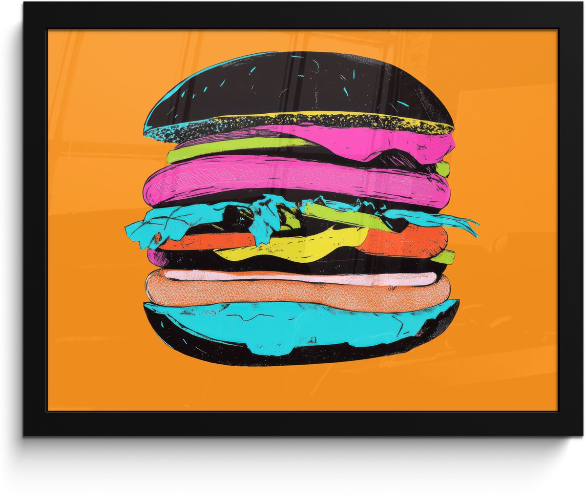 FrameYourWall Poster in lijst - Fotolijst 40x30 cm - Posters - Hamburger - Kleurrijk - Speels - Posterlijst zwart - Decoratie - Wanddecoratie woonkamer - Muurdecoratie slaapkamer
