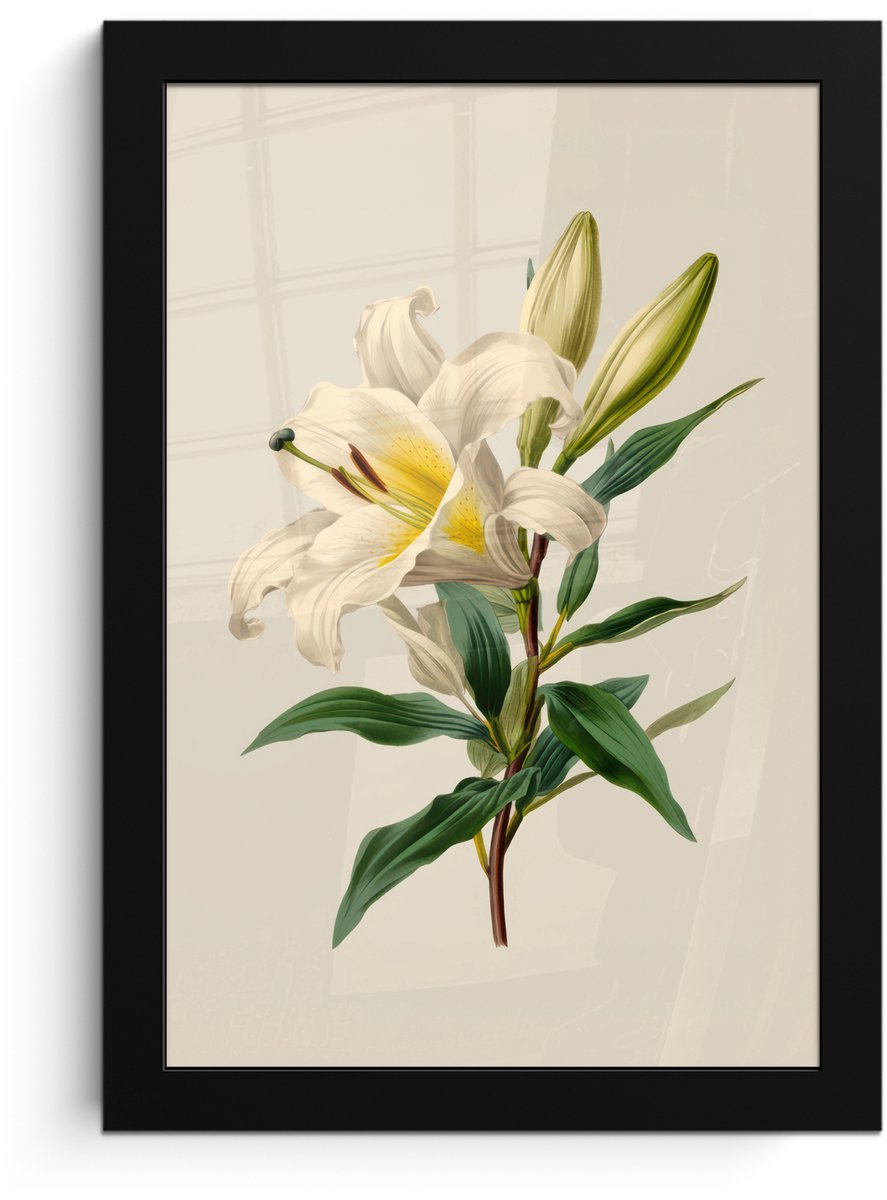 FrameYourWall Poster in lijst - Fotolijst 20x30 cm - Posters - Lelie - Elegant - Botanisch - Beige - Posterlijst zwart - Decoratie - Wanddecoratie woonkamer - Muurdecoratie slaapkamer