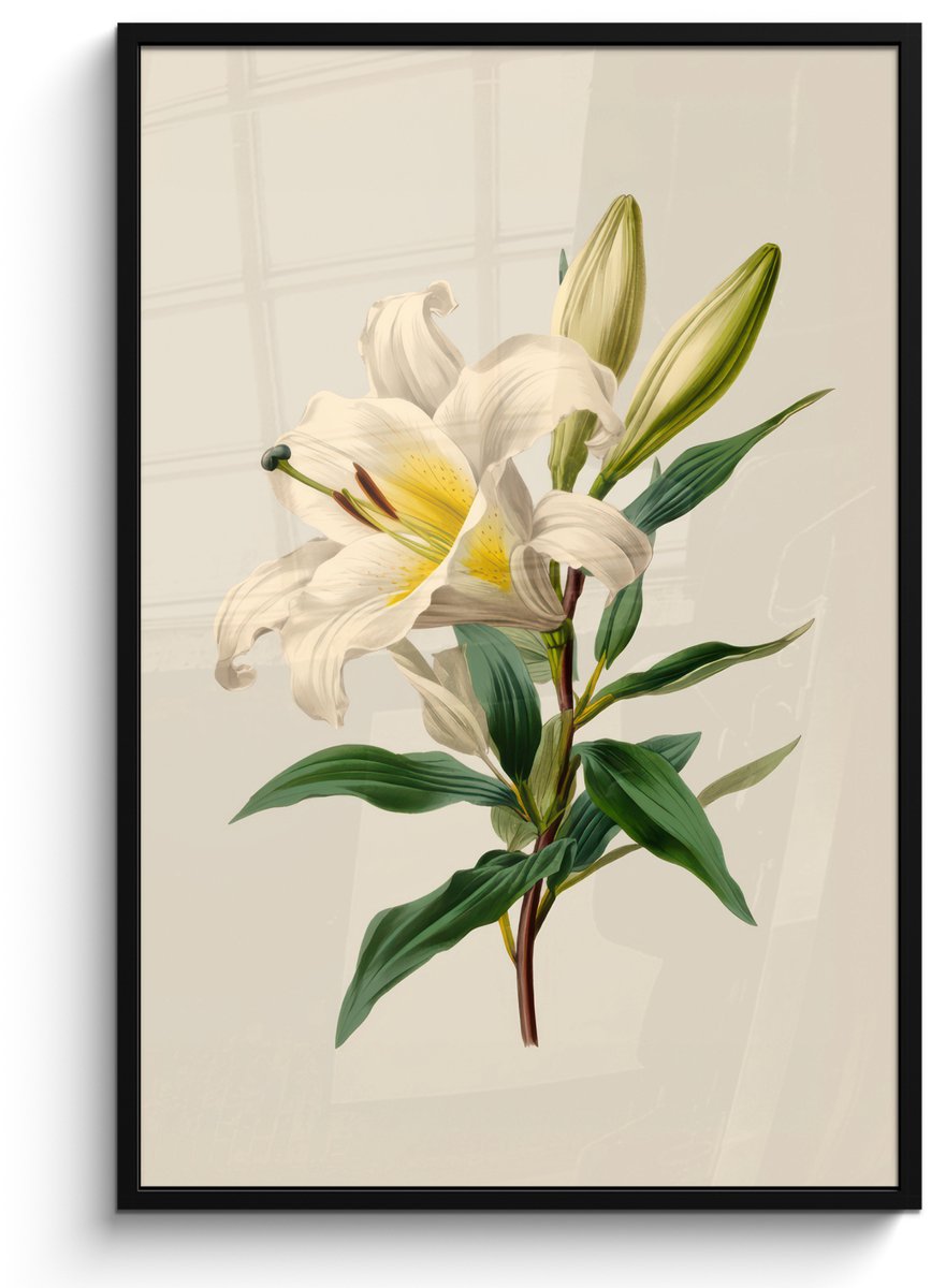 FrameYourWall Poster in lijst - Fotolijst 80x120 cm - Posters - Lelie - Elegant - Botanisch - Beige - Posterlijst zwart - Decoratie - Wanddecoratie woonkamer - Muurdecoratie slaapkamer
