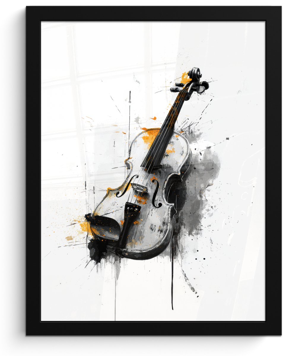 FrameYourWall Poster in lijst - Fotolijst 30x40 cm - Posters - Viool - Oranje - Zwart - Penseelstreken - Posterlijst zwart - Decoratie - Wanddecoratie woonkamer - Muurdecoratie slaapkamer