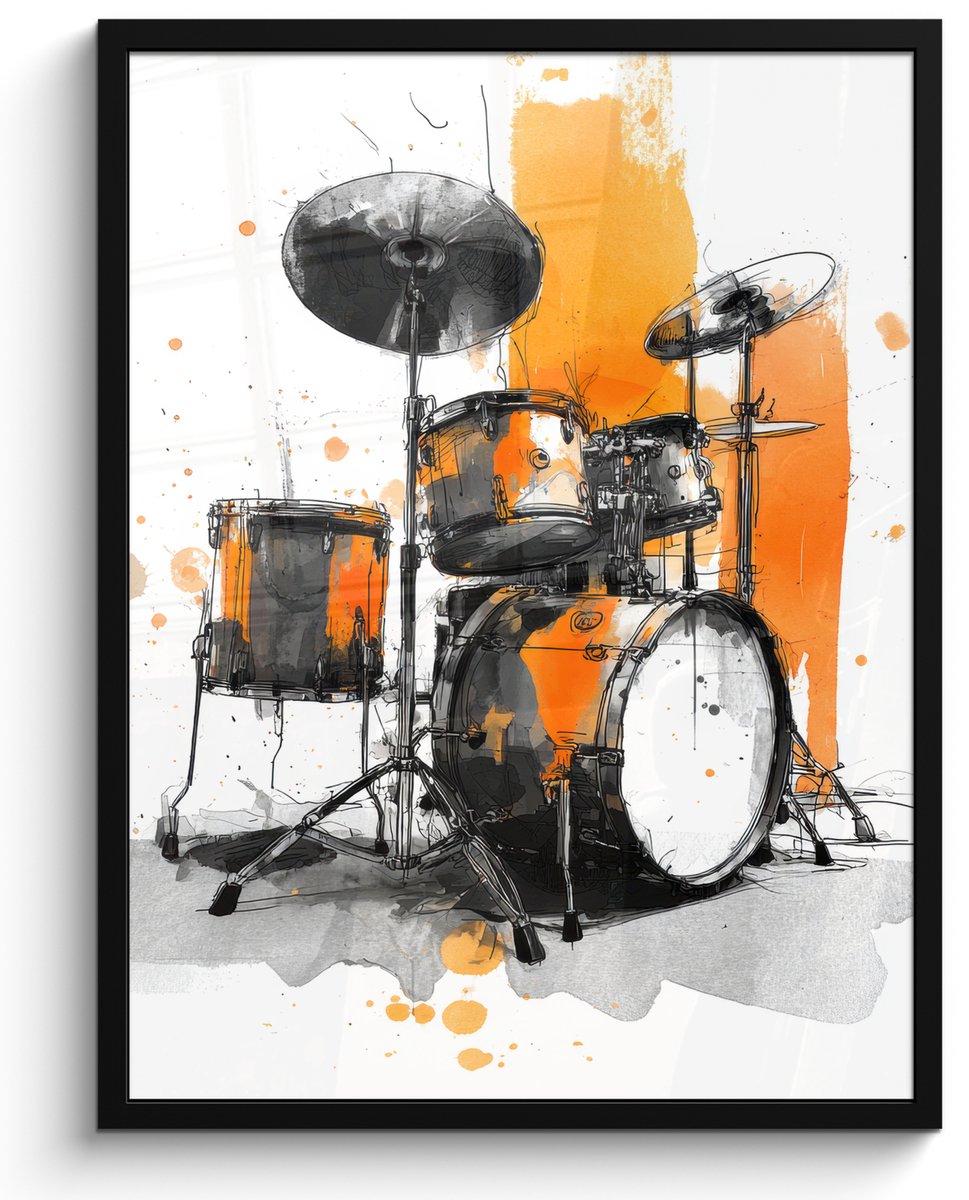 FrameYourWall Poster in lijst - Fotolijst 60x80 cm - Posters - Drumstel - Oranje - Zwart - Aquarelverf - Posterlijst zwart - Decoratie - Wanddecoratie woonkamer - Muurdecoratie slaapkamer