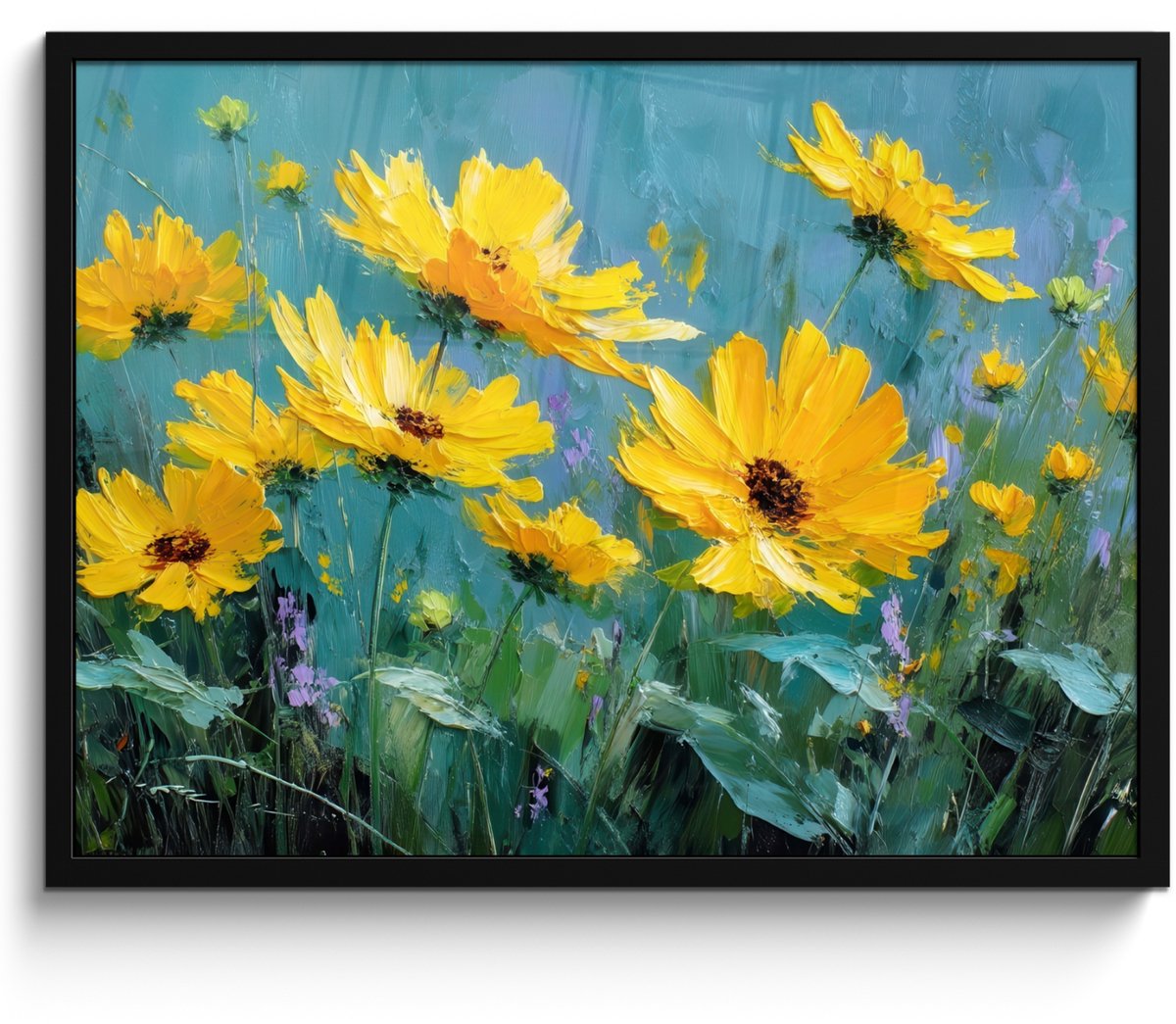 FrameYourWall Poster in lijst - Fotolijst 80x60 cm - Posters - Penseelstreken - Bloemen - Felgeel - Abstract - Posterlijst zwart - Decoratie - Wanddecoratie woonkamer - Muurdecoratie slaapkamer