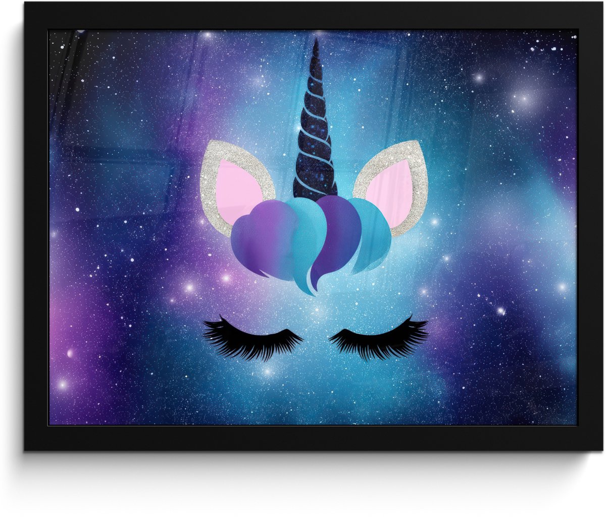 FrameYourWall Poster in lijst - Fotolijst 40x30 cm - Posters - Eenhoorn - Sterren - Magisch - Blauw - Posterlijst zwart - Decoratie - Wanddecoratie woonkamer - Muurdecoratie slaapkamer Eenhoorn - Sterrenstelsel