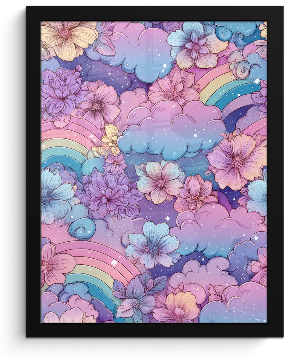 FrameYourWall Poster in lijst - Fotolijst 30x40 cm - Posters - Regenbogen - Bloemen - Kleurrijk - Wolken - Posterlijst zwart - Decoratie - Wanddecoratie woonkamer - Muurdecoratie slaapkamer