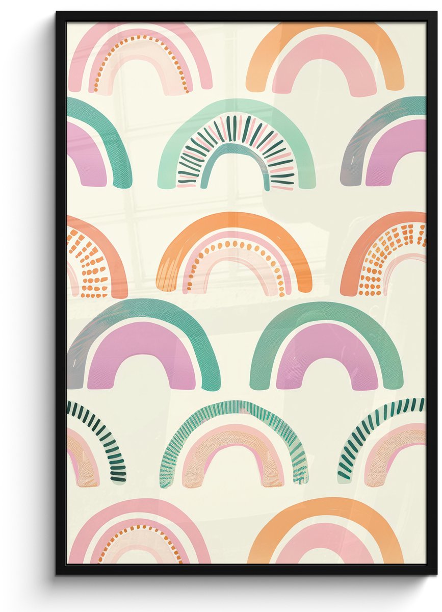 FrameYourWall Poster in lijst - Fotolijst 80x120 cm - Posters - Regenboog - Pastel - Patroon - Posterlijst zwart - Decoratie - Wanddecoratie woonkamer - Muurdecoratie slaapkamer Regenbogen - Stippen - Strepen
