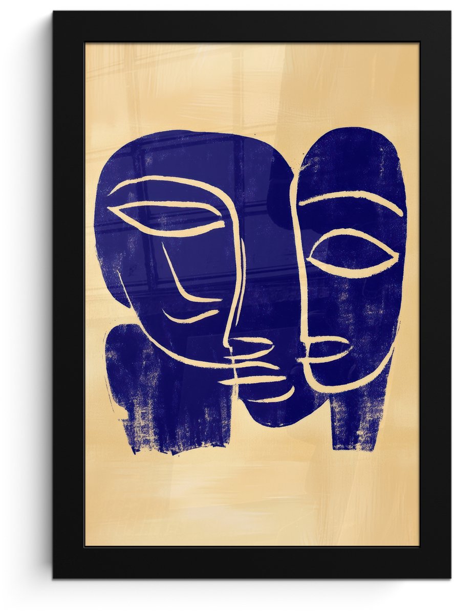 FrameYourWall Poster in lijst - Fotolijst 20x30 cm - Posters - Okergeel - Blauw - Eenvoudige lijnen - Posterlijst zwart - Decoratie - Wanddecoratie woonkamer - Muurdecoratie slaapkamer Lijnen - Gezichten