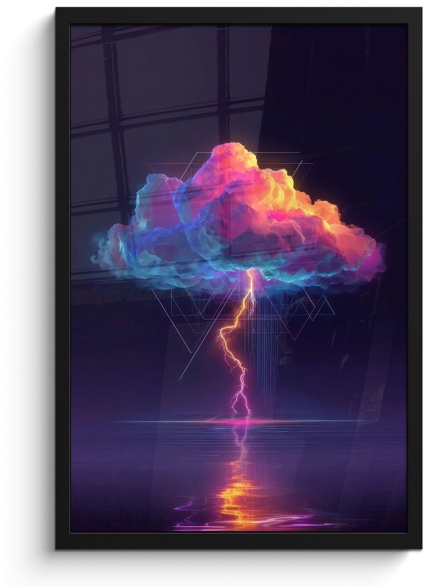 FrameYourWall Poster in lijst - Fotolijst 40x60 cm - Posters - Donderwolk - Bliksemschicht - Licht - Blauw - Posterlijst zwart - Decoratie - Wanddecoratie woonkamer - Muurdecoratie slaapkamer Wolk - Bliksemschicht - Driehoeken