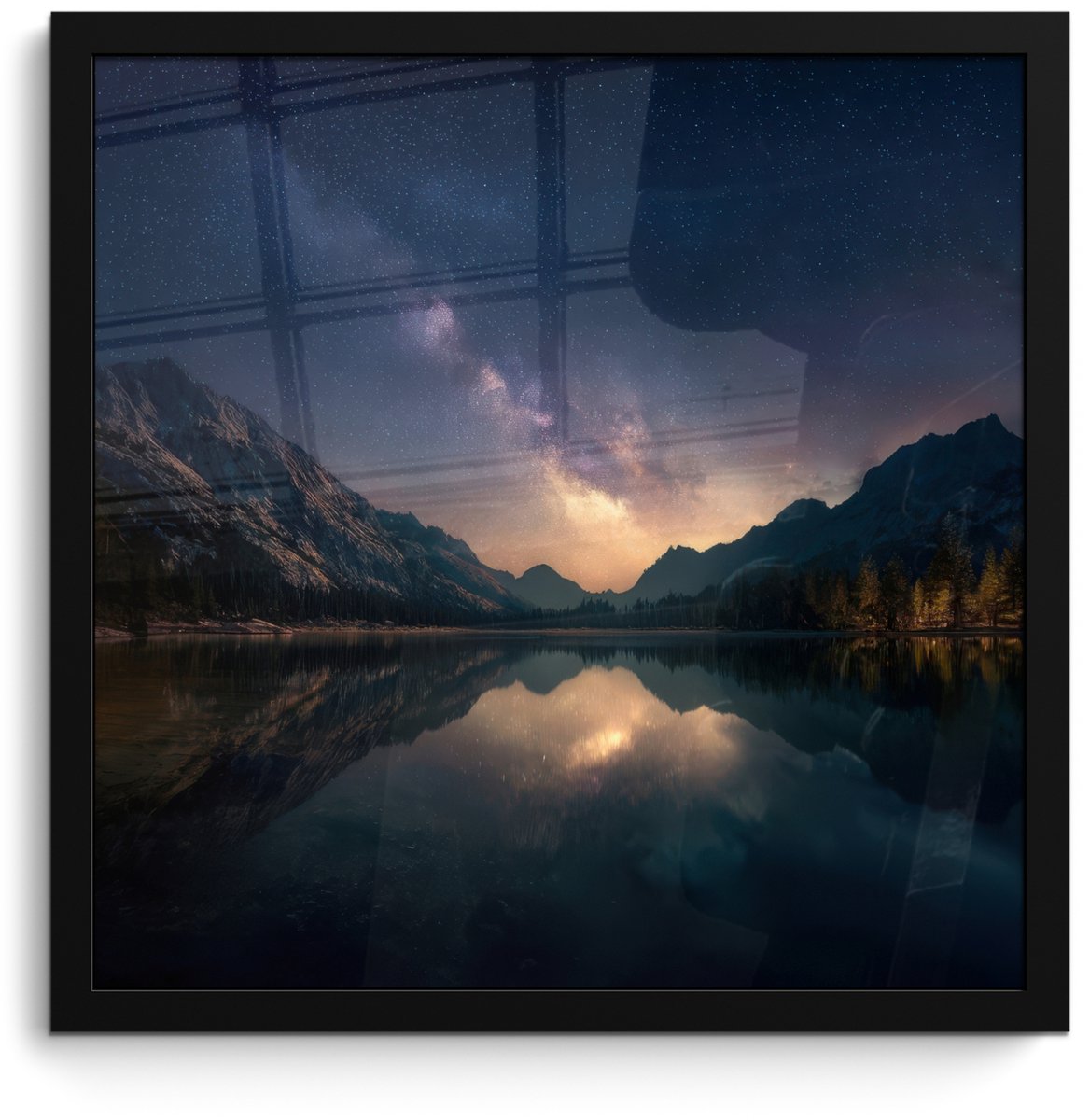 FrameYourWall Poster in lijst - Fotolijst 40x40 cm - Posters - Kristalhelder meer - Bergen - Bergen - Posterlijst zwart - Decoratie - Wanddecoratie woonkamer - Muurdecoratie slaapkamer Sterren - Meer - Bergen