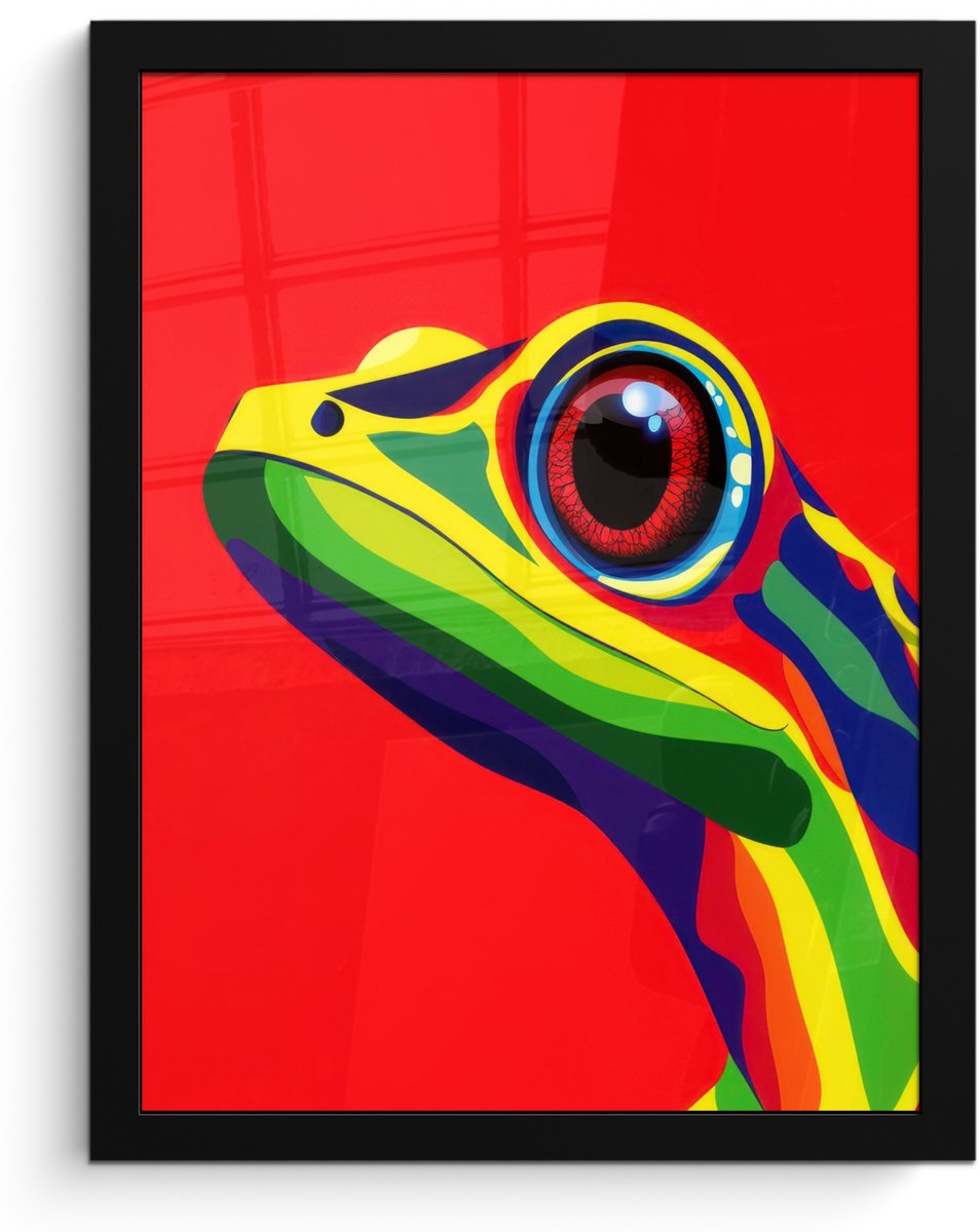 FrameYourWall Poster in lijst - Fotolijst 30x40 cm - Posters - Kikker - Kleurrijk - Strepen - Ogen - Posterlijst zwart - Decoratie - Wanddecoratie woonkamer - Muurdecoratie slaapkamer