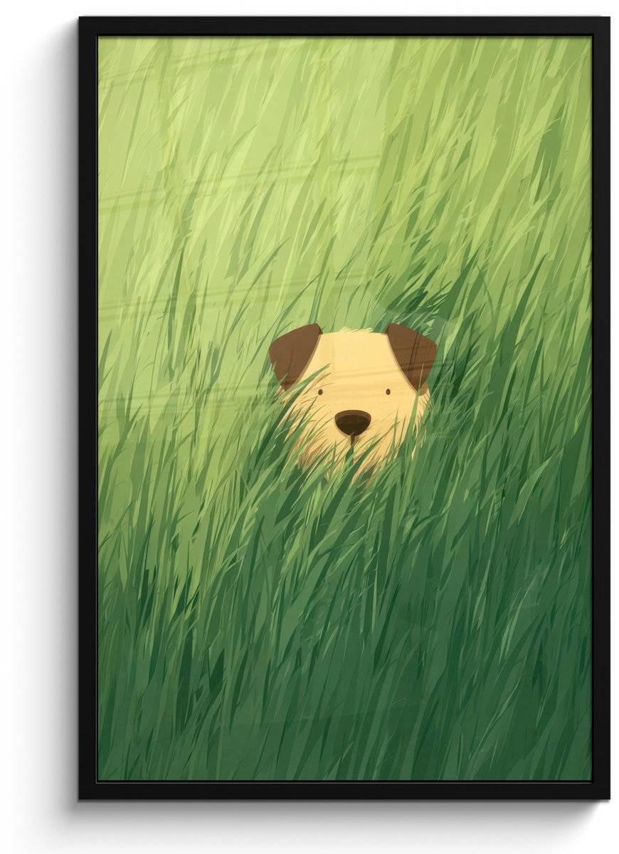 FrameYourWall Poster in lijst - Fotolijst 60x90 cm - Posters - Hondje - Gras - Oren - Bruin - Posterlijst zwart - Decoratie - Wanddecoratie woonkamer - Muurdecoratie slaapkamer - Kerstversiering - Kerstdecoratie voor binnen - Kerstmis