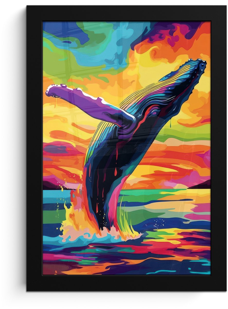 FrameYourWall Poster in lijst - Fotolijst 20x30 cm - Posters - Zonsondergang - Walvis - Geschilderd - Kleurrijk - Posterlijst zwart - Decoratie - Wanddecoratie woonkamer - Muurdecoratie slaapkamer Walvis - Kleurrijk