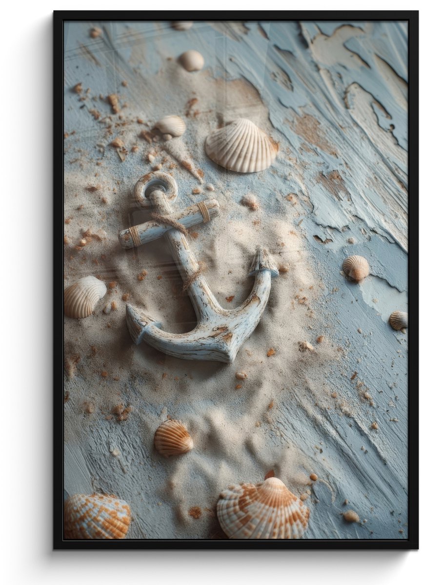 FrameYourWall Poster in lijst - Fotolijst 80x120 cm - Posters - Anker - Hout - Schelpen - Zand - Posterlijst zwart - Decoratie - Wanddecoratie woonkamer - Muurdecoratie slaapkamer Anker - Schelpen - Zand