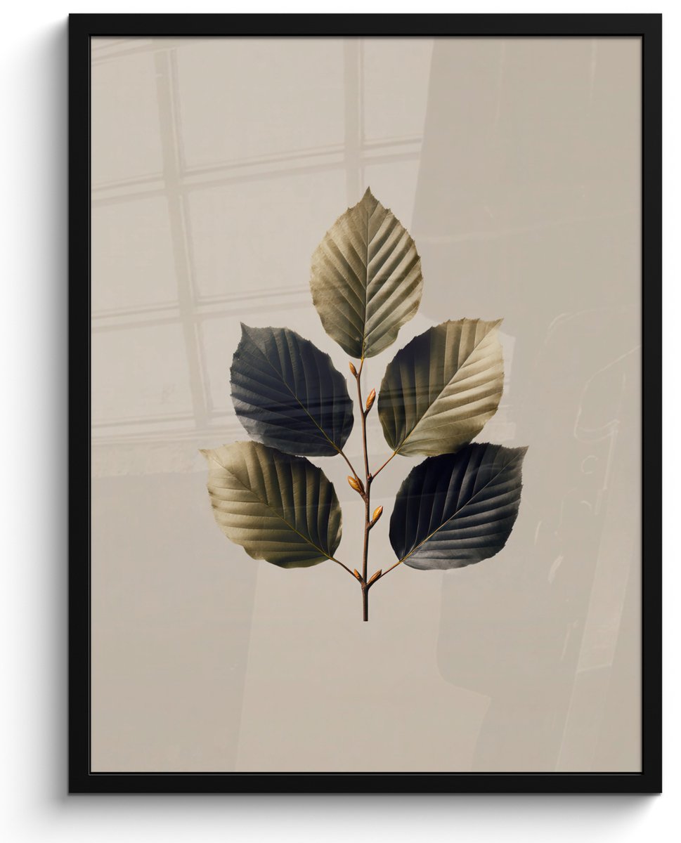 FrameYourWall Poster in lijst - Fotolijst 60x80 cm - Posters - Beukenbladeren - Bruin - Groen - neutraal - Posterlijst zwart - Decoratie - Wanddecoratie woonkamer - Muurdecoratie slaapkamer