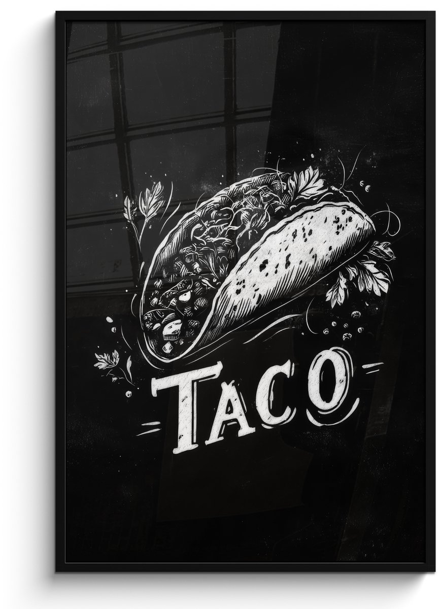 FrameYourWall Poster in lijst - Fotolijst 80x120 cm - Posters - Taco - Kruiden - Witte krijtstijl - Tekst - Posterlijst zwart - Decoratie - Wanddecoratie woonkamer - Muurdecoratie slaapkamer